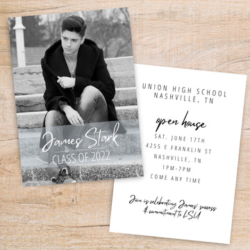 black and white one photo graduation open house party invitations